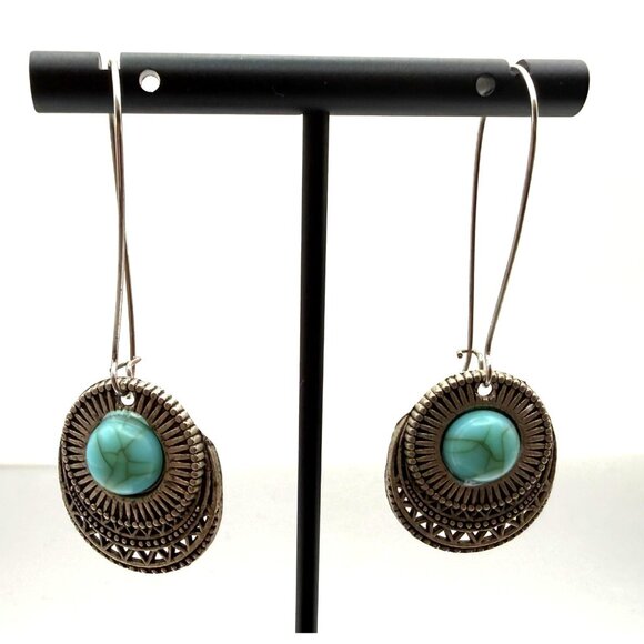 Turquoise Style Medallion Dangle Earrings Boho Tribal Statement - Picture 2 of 8
